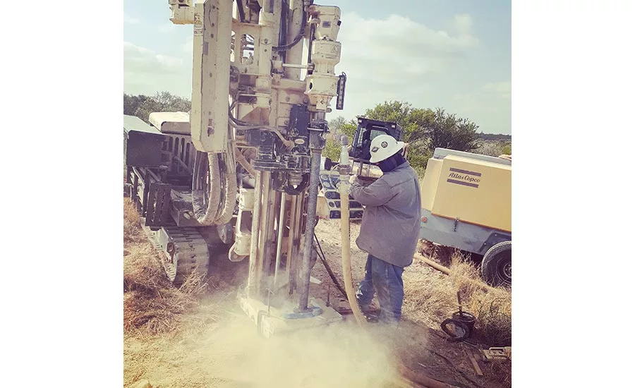 Geoprobe 7822DT on an air rotary job in Carrizo Springs, Texas