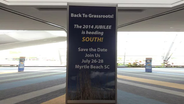 A sign invites attendees to next year's SAWD Jubilee