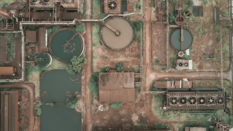 An overhead view of a wastewater treatment plant