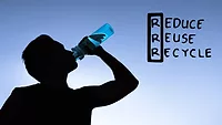 recycled water someone drinking water while "reduce reuse recycle" is in the background.