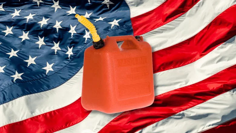 A gas can with an American flag background