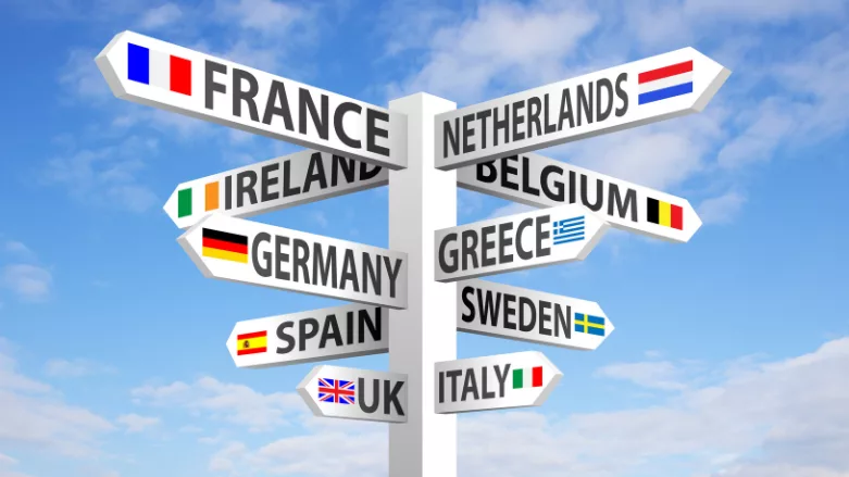 an image of a roadway sign with European nations on it