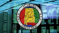 An image of the Alabama Flag with a data center background