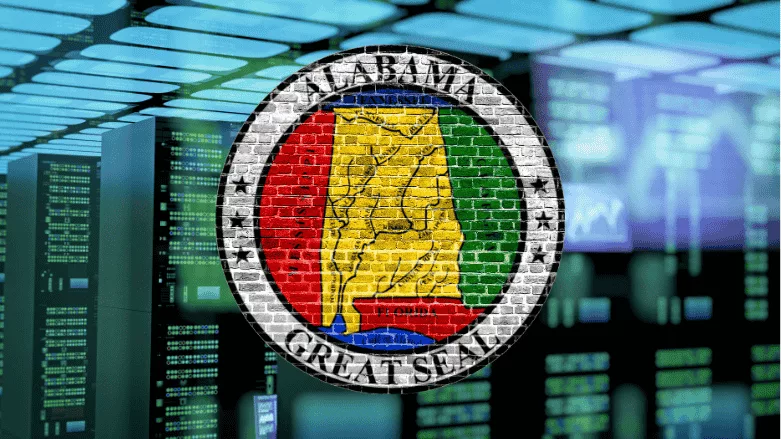 An image of the Alabama Flag with a data center background