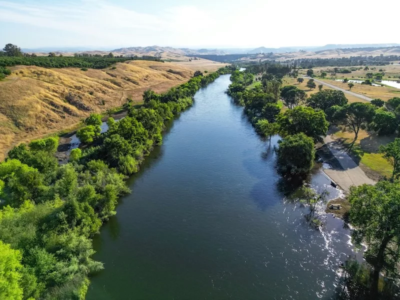 A birds eye view of the San Joaquin River in Fresno, California. 