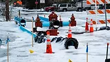 Thermal Energy Infrastructure A broken gas pipeline surrounded by traffic cones