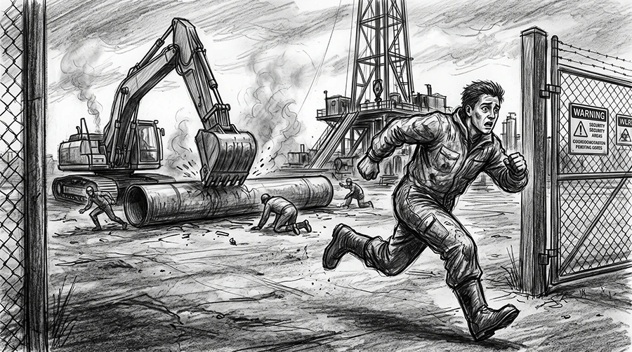 Jim's character running out of the facility. 