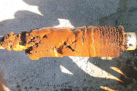 Sludge on a brush in North Judson, Ind. Preventative maintenance can fend off rehabilitation and keep a well producing.