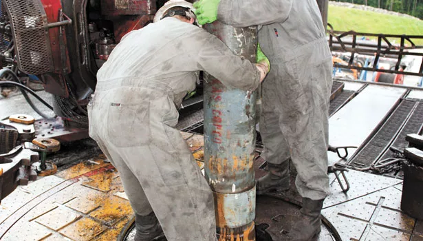 Using an Atlas Copco Secoroc QL 120 hammer to drill 12-inch-diameter holes, the rate of penetration exceeded 400 feet an hour.