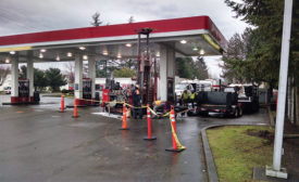 drilling at a busy gas station