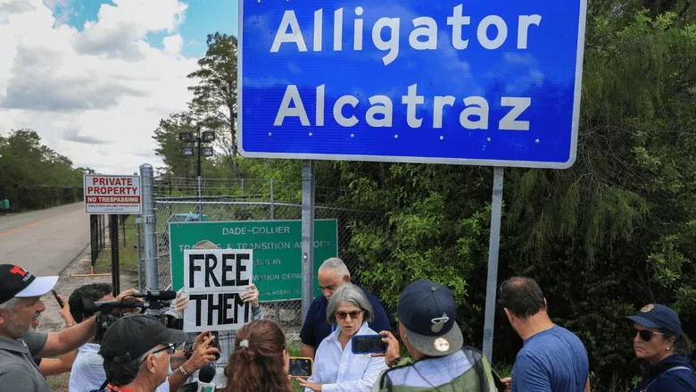 Miami-Dade County Mayor Daniella Levine Cava speaks to the media at the entrance to Alligator Alcatraz
