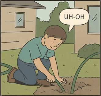 boy getting garden hose stuck in the ground